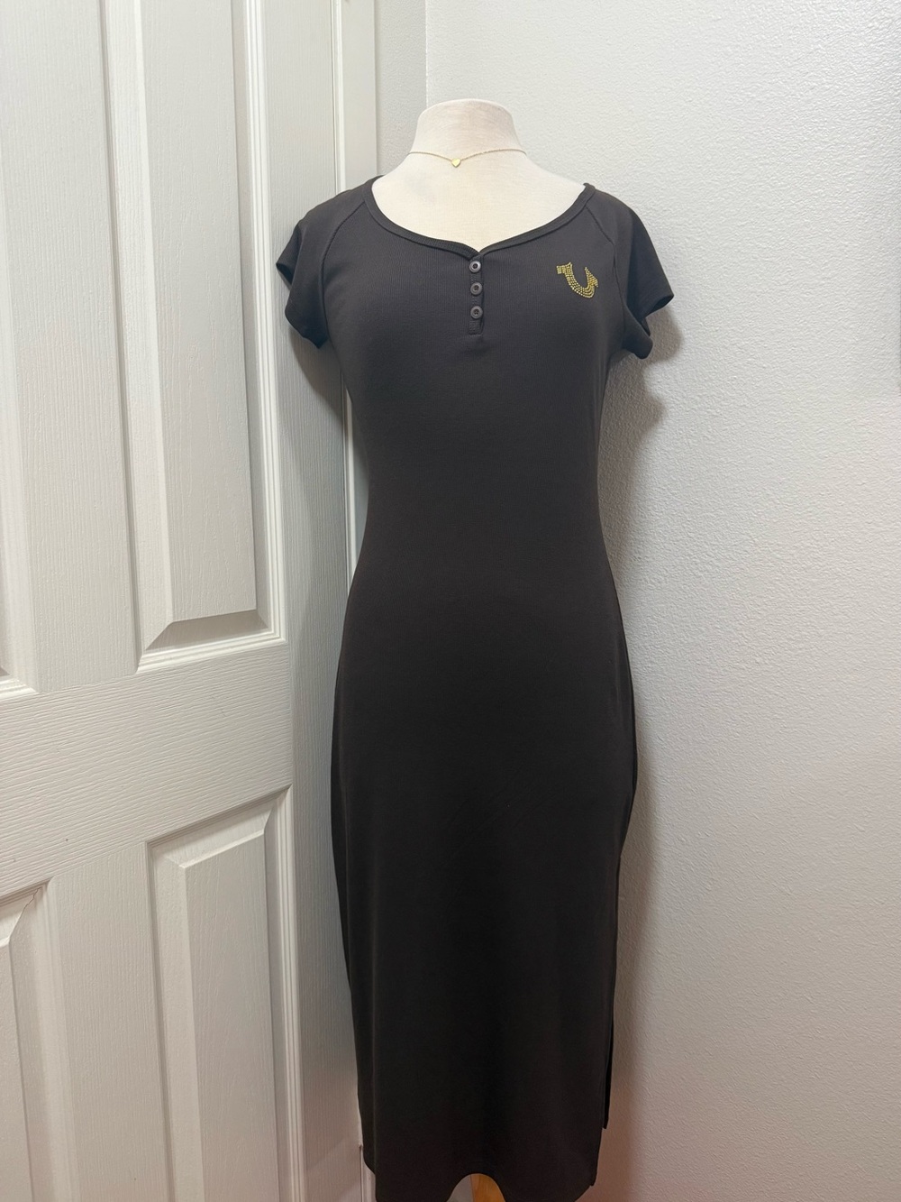 True Religion Black Henley Midi Dress with Gold Logo